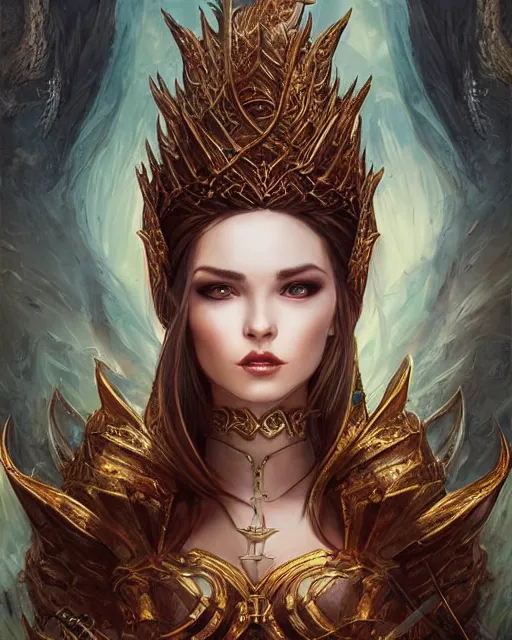 Prompt: a beautiful female dragon queen, 8 k, dark fantasy, hyperrealistic, perfect face, symmetrical, hyperdetailed, fantasy portrait by laura sava