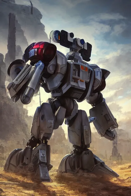 Image similar to mechwarrior 5 : mercenaries mech megaman transformer robot boss tank engine game octane render, 4 k, hd 2 0 2 2 3 d cgi rtx hdr style chrome reflexion glow fanart, global illumination ray tracing hdr fanart arstation by ian pesty by jesper ejsing pixar and disney unreal zbrush central hardmesh