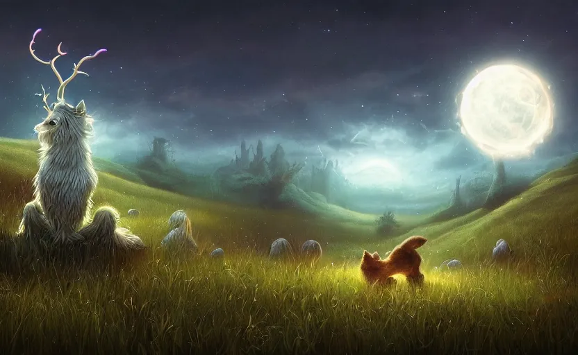 Image similar to a whimsical magical glowing creature in a field, beautiful, cool dynamic lighting, moonlight, atmospheric, cinematic, highly detailed digital art, painted by scott musgrove