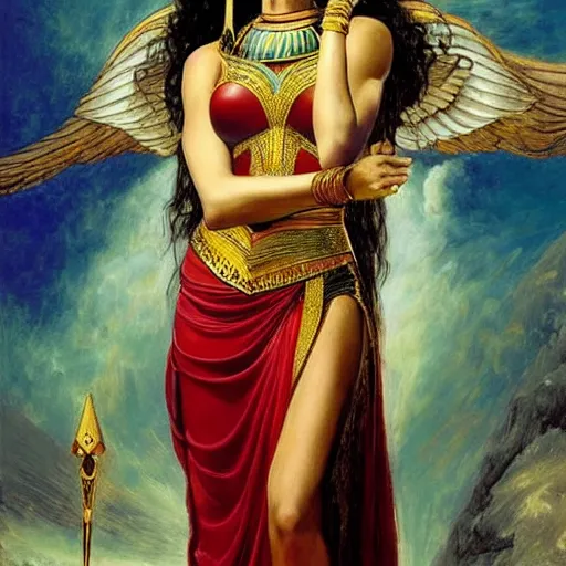 Prompt: Full body oil painting of the beautiful goddess Gal Gadot as Cleopatra, she is wearing egyptian clothes and a surreal jewelry, her hair is natural disheveled, she is approaching heaven over the clouds, Anubis is close to her, naturalism, dramatic lighting, high-detailed oil painting by Ilya Repin, Michelangelo da Caravaggio, William Blake, Alex Grey and Beksinski, trending on Artsation, hystorical painting, naturalism, masterpiece, 4k, 8k,