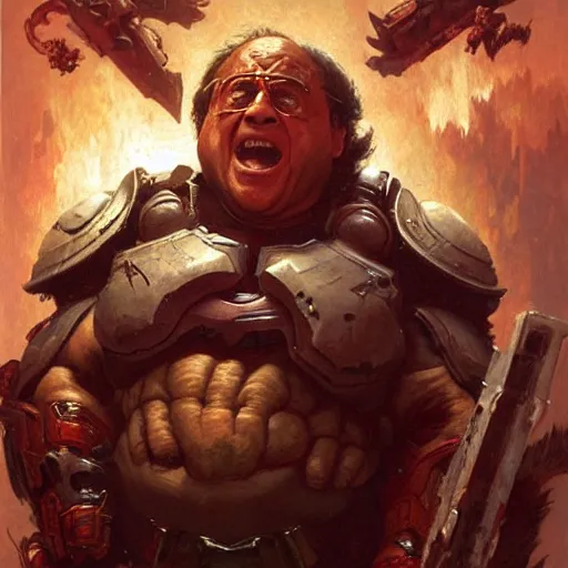 Image similar to Danny DeVito Doom Slayer, rip and tear until it is done, by gaston bussiere, craig mullins, Simon Bisley