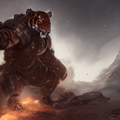 Image similar to commission portrait of a male anthro tiger wearing heavy combat armour.dramatic,character design by charles bowater,greg rutkowski,ross tran,hyperdetailed,hyperrealistic,4k,deviantart,artstation,professional photography,concept art