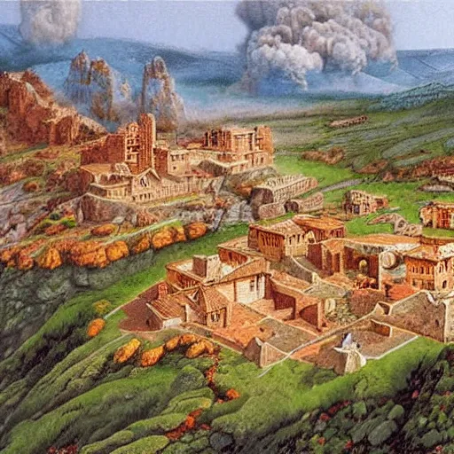 Prompt: an oblique aerial view of a medieval european fantasy city inside a volcanic caldera. the buildings are made of granite with red tiled roofs. the caldera is surrounded by shrubland. painting by ted nasmith, earl norem, bob larkin,.