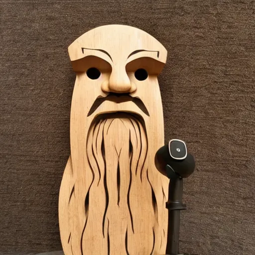 Image similar to wooden sculpture of a bearded viking wearing a vr headset, polished maple, thoughtful, elegant, real