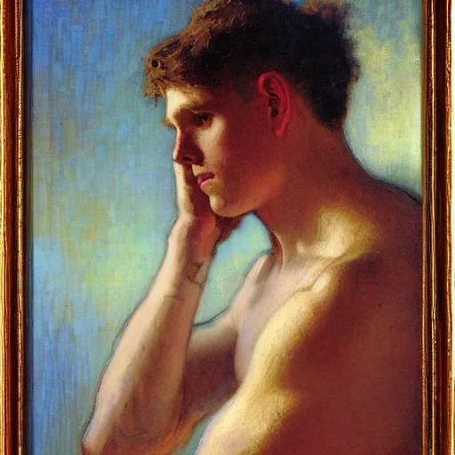 Prompt: young man head in hands against bright background, oil painting, gaston bussiere, mucha, gerome,