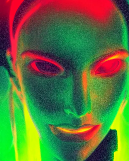 Image similar to dramatic cyberpunk portrait of a metallic featureless woman's face, crystalline, red glow, green glow, blue glow, atmospheric haze, intense shading, chromatic aberration, glitch, backlit, bokeh, centered