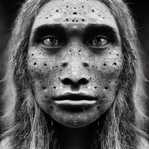 Prompt: minimalist photography portrait of an elaborately adorned neanderthal woman, face mud, symmetrical, super close up, mid thirties, freckles, cute round slanted eyes, sunburnt skin, wide nostrils, high cheekbones, high flat eyebrows, ethereal essence, angelic, leica 1 0 0 mm f 0. 8