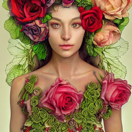 Image similar to the anatomy of a head of lettuce with roses that resemble a beautiful woman, an ultrafine detailed painting by james jean, intricate linework, bright colors, final fantasy, behance contest winner, vanitas, angular, altermodern, unreal engine 5 highly rendered, global illumination, radiant light, detailed and intricate environment