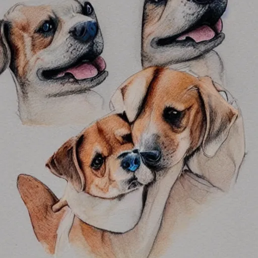 Prompt: detailed whimsical pencil and watercolor illustration of two dogs hugging with eyes shut and happy expressions.