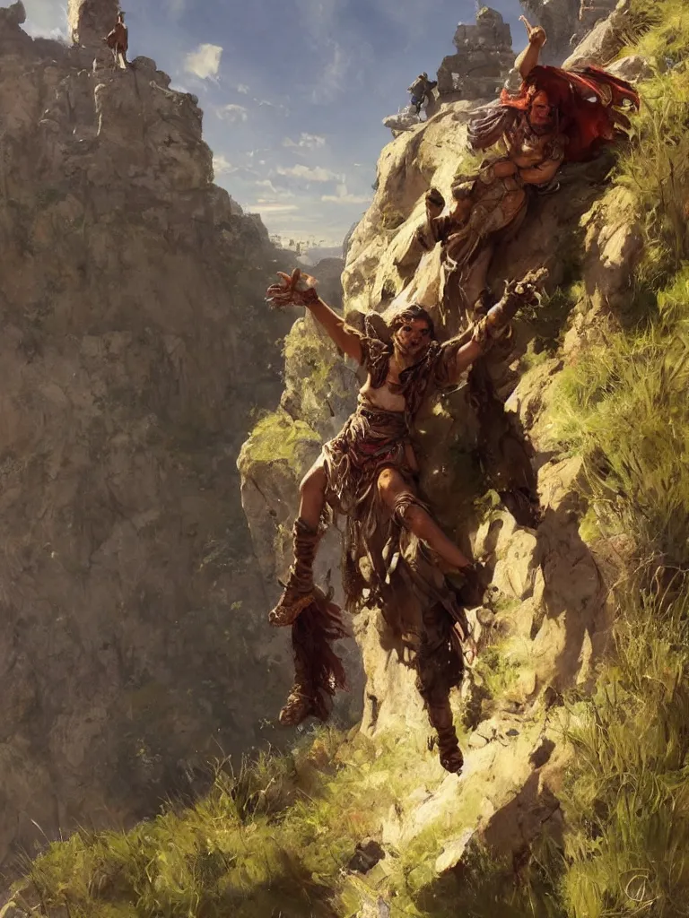 Prompt: oil art of young roma mage adventurer climbing down a cliffside in style of disco elysium character, gipsy jester character design from ravenloft, art by anders zorn, wonderful masterpiece by greg rutkowski, beautiful cinematic light, american romanticism by greg manchess, jessica rossier