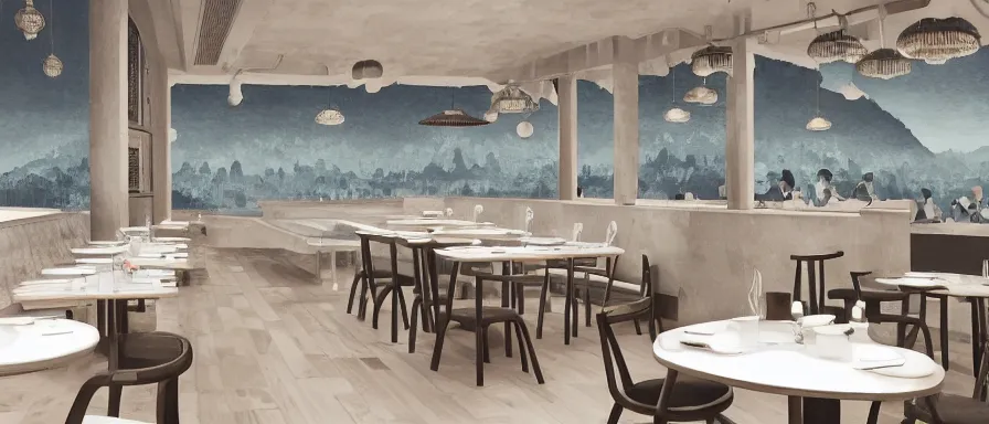 Prompt: a beautiful simple interior 4 k hd wallpaper illustration of small roasted string hotpot restaurant restaurant yan'an pagoda hill, animation illustrative style, from china, restaurant theme wallpaper is tower and mountains pagoda hill, rectangle white porcelain table, black chair, simple style structure decoration design, victo ngai, james jean, 4 k hd