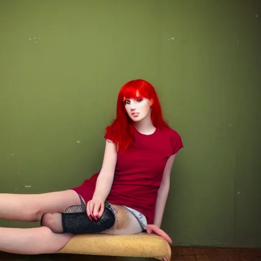 Prompt: a beautiful red - haired girl is sitting with iron legs spread in a red room