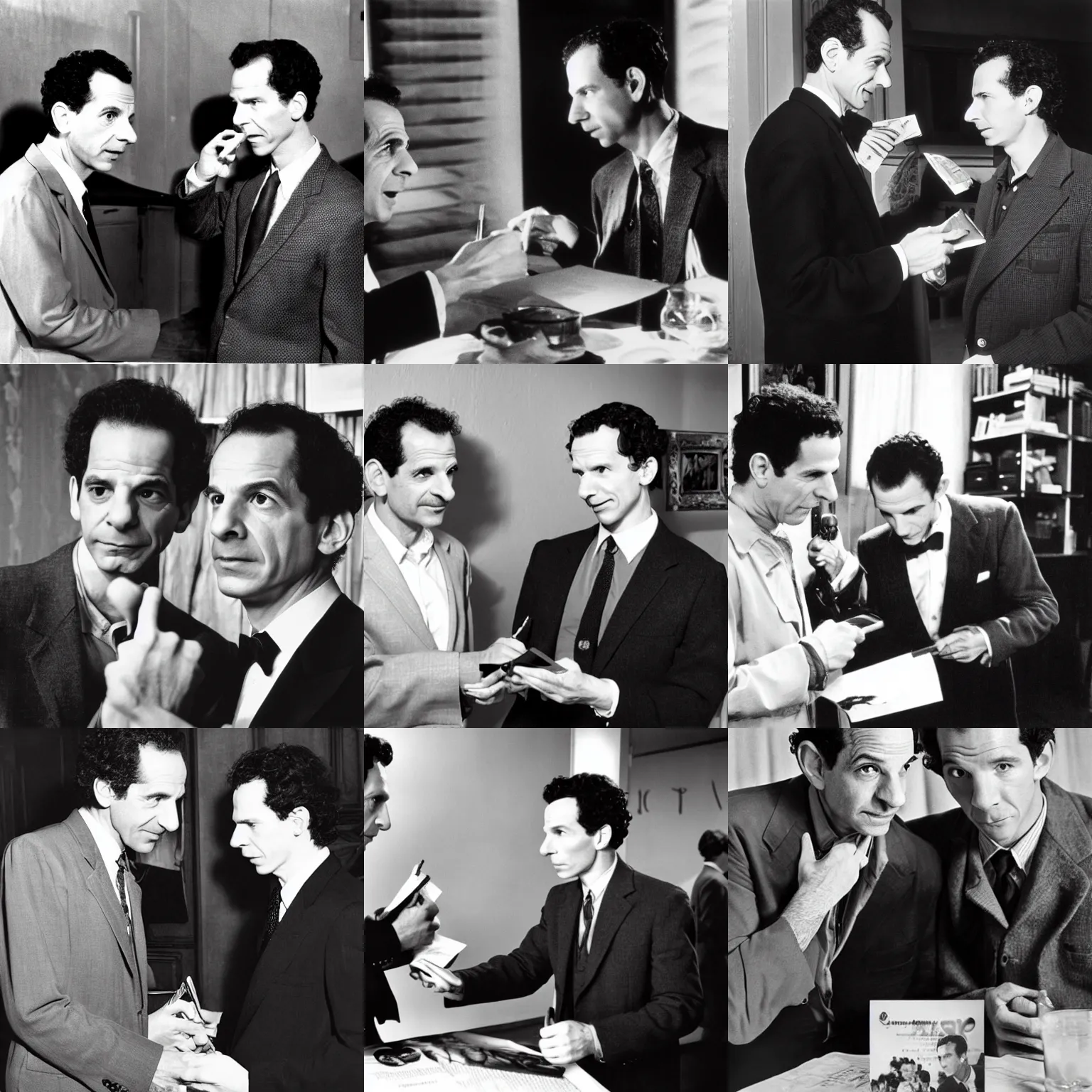 Prompt: adrian monk!!!! ( tony shaloub ) asks sherlock!!! ( benedict cumberbatch ) for an autograph, natural lights, hyper realistic, award winning photo by robert capa