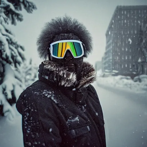 Prompt: photo, old black man wandering in the snow, moncler jacket, ski goggles, wild unkempt hair, mischevious grin, portrait, cold color temperature, snow storm. hazy atmosphere. humidity haze. kodak ektachrome, greenish expired film, award winning, low contrast