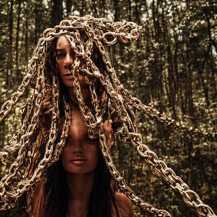 Prompt: a closeup portrait of a woman wrapped in chains, dragging a pile of chains, in a forest, by Omar Z. Robles, CANON Eos C300, ƒ1.8, 35mm, 8K, medium-format print