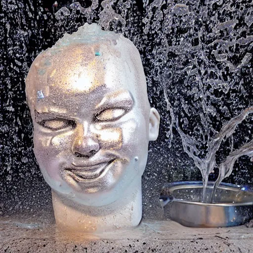 Image similar to styrofoam head being doused in a sink full of metallic chrome water, flash enabled, wide angle, chromatic abberation, cursed image, 2003 Flickr