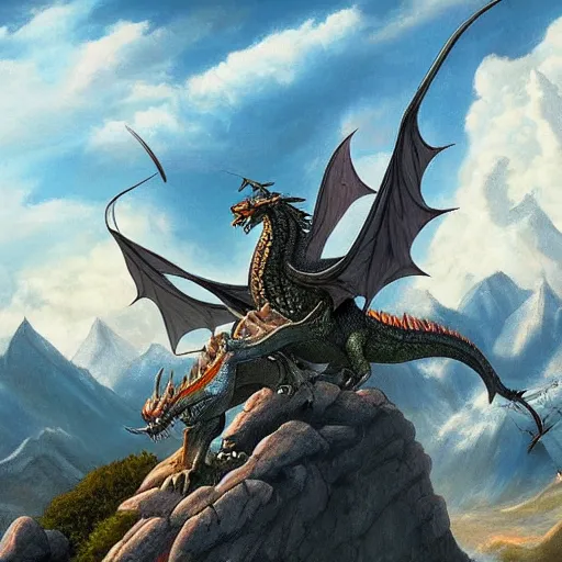 Prompt: dragons circling a tall mountain spire, fantasy art