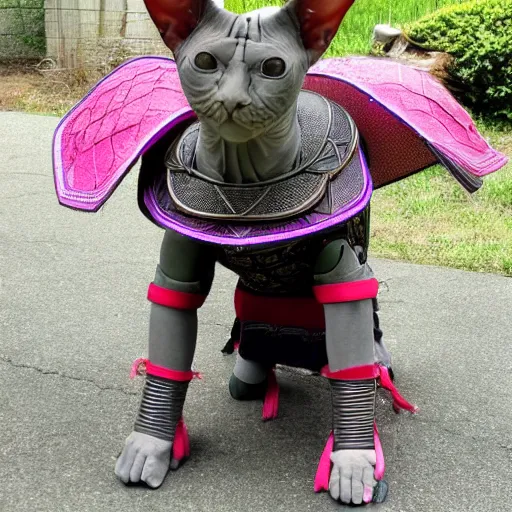 Image similar to samurai armor worn by hairless sphynx cat