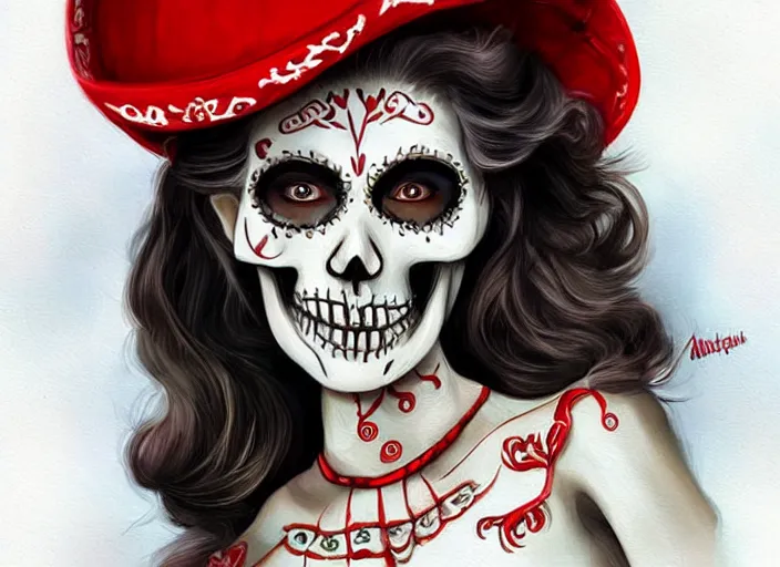 Image similar to cute & beautiful smiling mexican undead skeleton girl wearing a sombrero and a wide red dress, digital art, fantasy, painting, pin up, highly detailed, art by artgerm