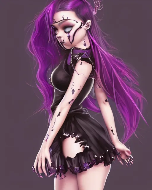 Image similar to kerli koiv animel goth girl with purple hair in mini skirt and crop top intricate, full body, extremely detailed, artstation, 8 k, sensual lighting, incredible art, wlop, artgerm