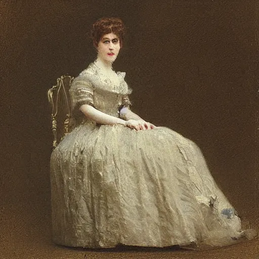 Image similar to young victorian lady in ball gown, a little card and pencil in hand, painted by alfred stevens