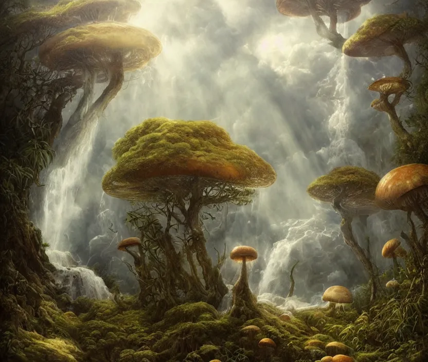 Prompt: floating lands in-clouds, foggy, volumetric fog, sun beams, blooming, bird flocks!!, giant mushrooms, giant roots wrapped lands, waterfalls, flying whales; by Tom Bagshaw, Ivan Shishkin, Hans Thoma, Asher Brown Durand