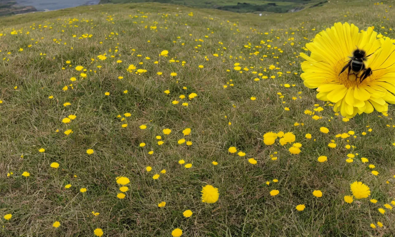 Image similar to a fluffy bee pollinating a yellow daisy, cliffs of moir visible in background. close up photograph, shallow depth of field, overcast day, kodachrome, mid angle