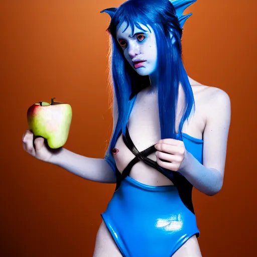 Prompt: a dnd Triton girl with blue skin and messy black hair wearing a leather swimsuit in a pantry eating an apple, a little blue-skinned girl with messy black hair sharp pointed ears freckles along the ridges of her cheeks, dnd triton, high resolution film still, 4k, HDR colors