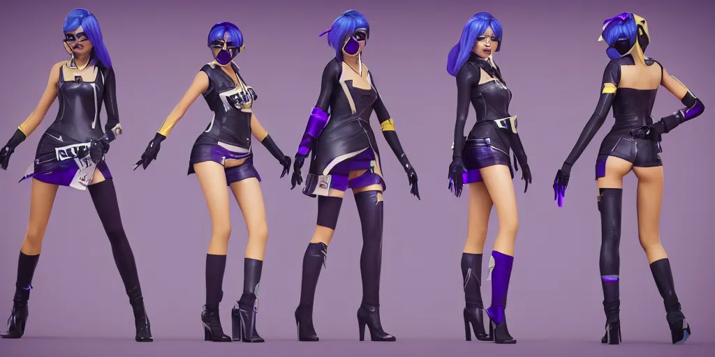 Prompt: character sheet of KDA Caitlyn (League of Legends), blue hair, 3d render, 8k resolution, octane render, sfw