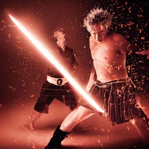 Image similar to Dramatic artistic photo of Samurai Gordon Ramsay having a sword fight with Samurai Guy Fieri, lightning in background, raining, dark, intense, anime fight, realistic, hyperrealistic