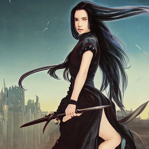 Image similar to portrait of a woman, long black hair, holding sword, in front of a sci fi cityscape, by tetsuya nomura, makoto shinkai, alphonse mucha, detailed, cinematic, wide angle, dark sepia toned shading, luminescent eyes, detailed face, expressive eyes, blue fire everywhere, trending on artstation.