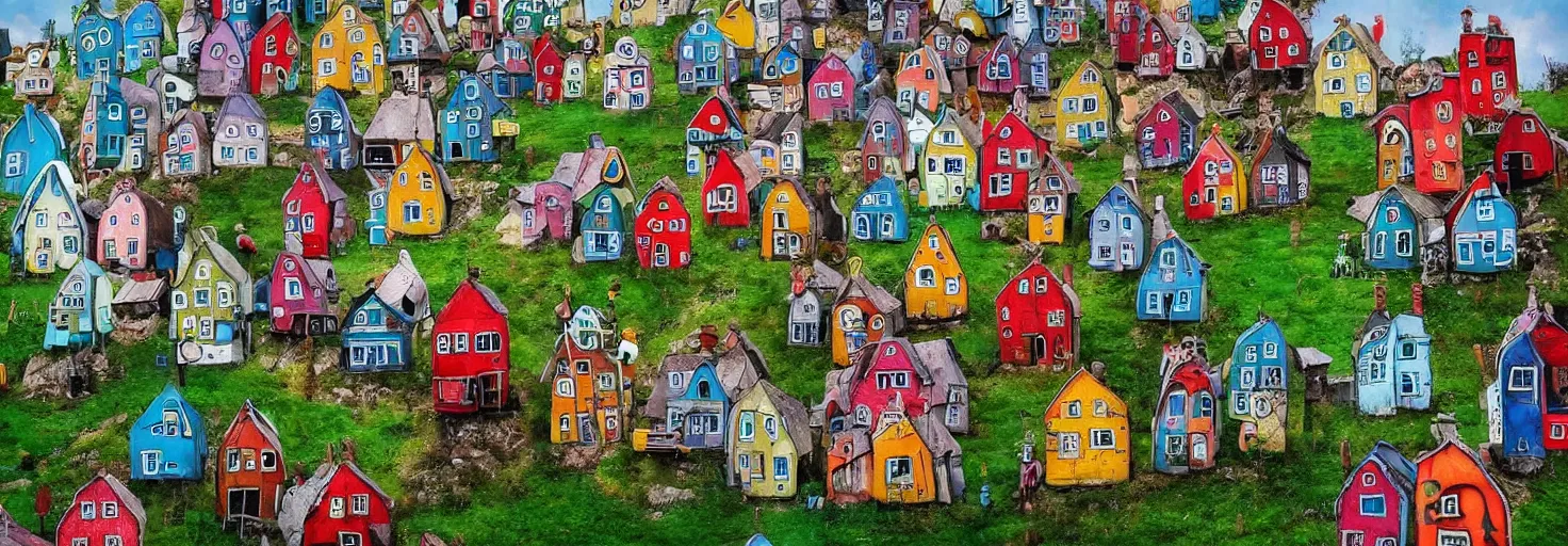 Image similar to quirky surreal naive houses painted by alexander jansson, bright colors.