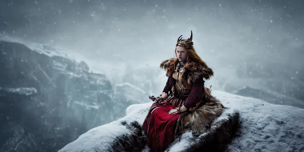 Prompt: movie portrait closeup a beautiful colorful fashion icon viking woman is sitting on the top of a roof. beautiful natural skin, the amazing floating neoclassical snow covered city in the mountains, fantasy, steampunk, intricate, amazing composition, gloomy by emmanuel lubezki