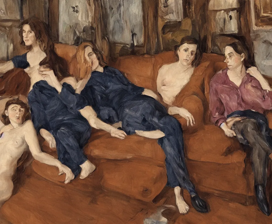 Image similar to two women, in an old english apartment on a brown leather sofa. one is wearing a dark blue sweather, the other a white shirt. brown hair, they are looking into the camera. wide shot. in the style of lucien freud. oil painting.