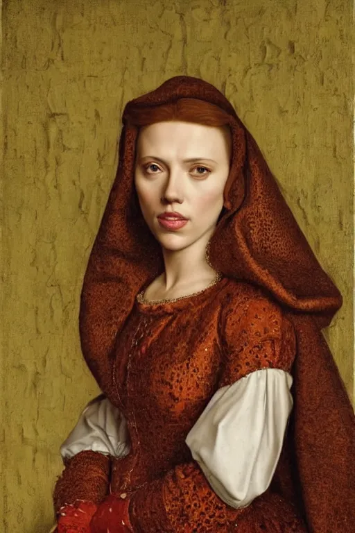 Image similar to portrait of scarlett johansson, oil painting by jan van eyck, by hans holbein, northern renaissance art, old masters, alla prima, realistic, expressive emotions, intricate textures, illusionistic detail