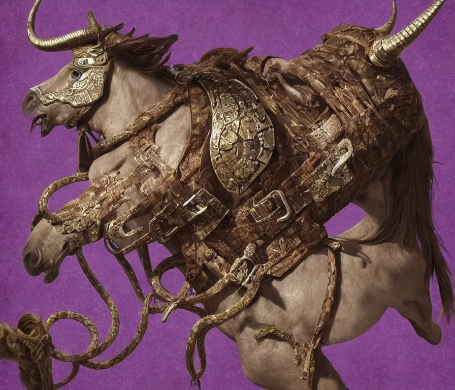 Image similar to horse with snake head and bull horns wearing purple medieval armour cowboy hat and dollar bill print cowhide snake skin texturing, by Greg Rutkowski, 8K, hyper detailed, realistic, by onesal, by sixnfive , behance 3d , studio photography DSLR, Photoreal epic composition