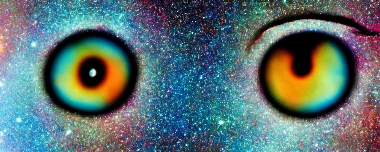 Image similar to extreme close-up photo of an eyeball containing a colorful galaxy