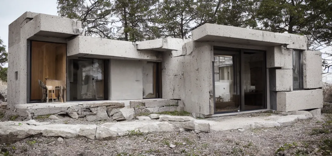 Prompt: brutalist tiny home made of stone