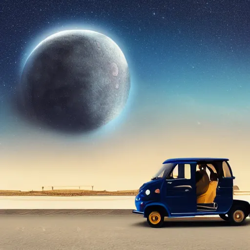 Image similar to a dark blue tuk tuk flying across the night sky, hard science fiction, milky way, moon, matte painting, concept art, 4k