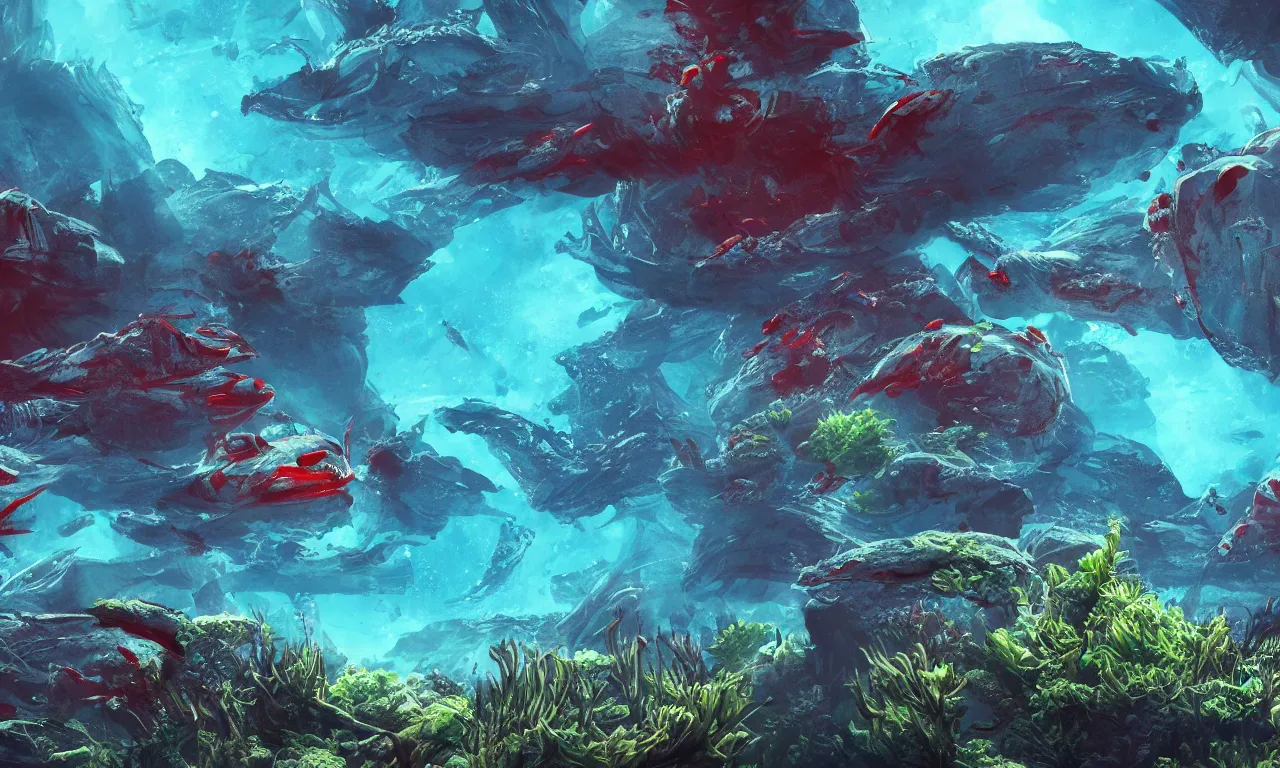 Prompt: Alien world underwater on the ocean bed, deep blue water color, cinematic perspective, slight green and red plant life around, small alien fish swimming in the background, matte painting, Artstation
