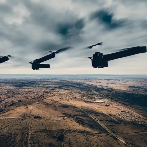 Image similar to cinematic areal shot of three drones flying through the clouds