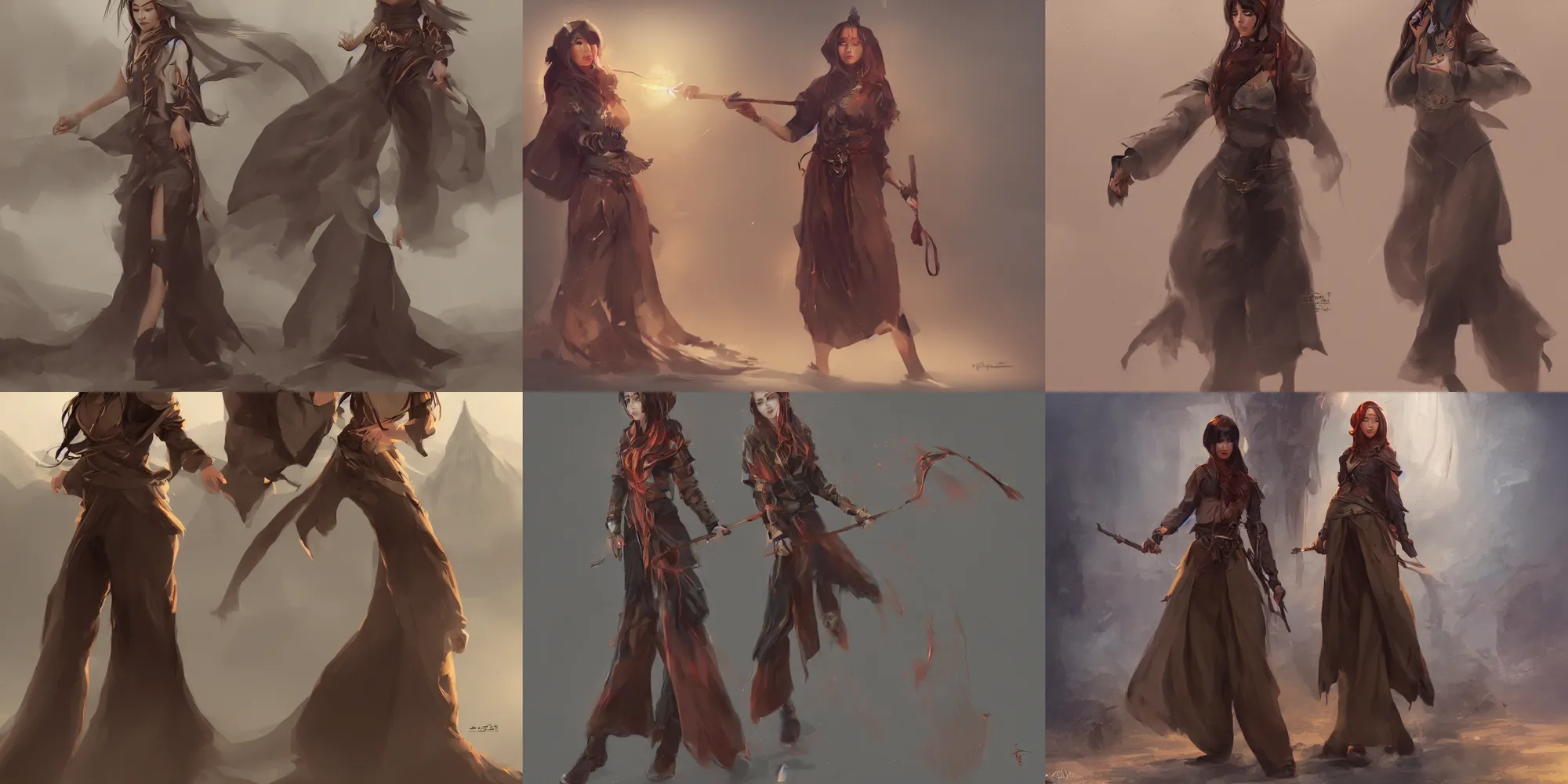 Prompt: female asian sorcerer wearing culottes, concept art, matte painting, masterpiece, artstation, cgsociety
