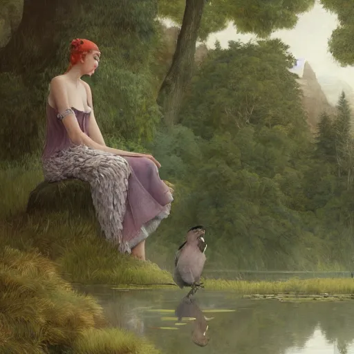 Prompt: Anthropomorphic bird, sitting at a pond, mountainous area, trees in the background, oil painting, by Fernanda Suarez and Edgar Maxence and Greg Rutkowski