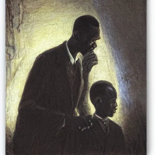 Prompt: a painting of a elegant, well fed, smooth-chinned, long nose, elder with few eyebrows and his son from Kenya by Henry Ossawa Tanner . thinker without facial hair, thoughtful, focused, visionary, calm, jovial, loving, fatherly, generous, . dramatic angle, ethereal lights, details, smooth, sharp focus, illustration, realistic, cinematic, artstation, award winning, rgb , unreal engine, octane render, cinematic light, macro, depth of field, blur, red light and clouds from the back, highly detailed epic cinematic concept art CG render made in Maya, Blender and Photoshop, octane render, excellent composition, dynamic dramatic cinematic lighting, aesthetic, very inspirational, arthouse.