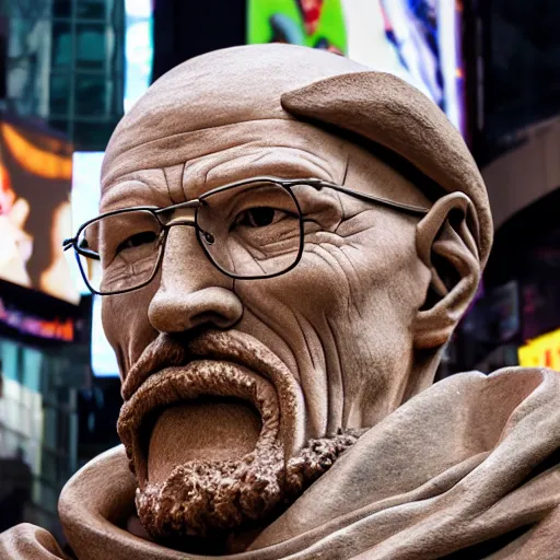 Image similar to a long - shot of a very detailed renaissance clay sculpture of walter white wearing a phrygian cap in times square, made by michelangelo, hyper detailed, sharp focus, 8 k resolution, ray tracing