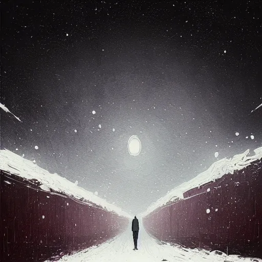 Prompt: a painting of a person standing in the snow, a surrealist painting by alena aenami, deviantart, nuclear art, dystopian art, apocalypse landscape, surrealist