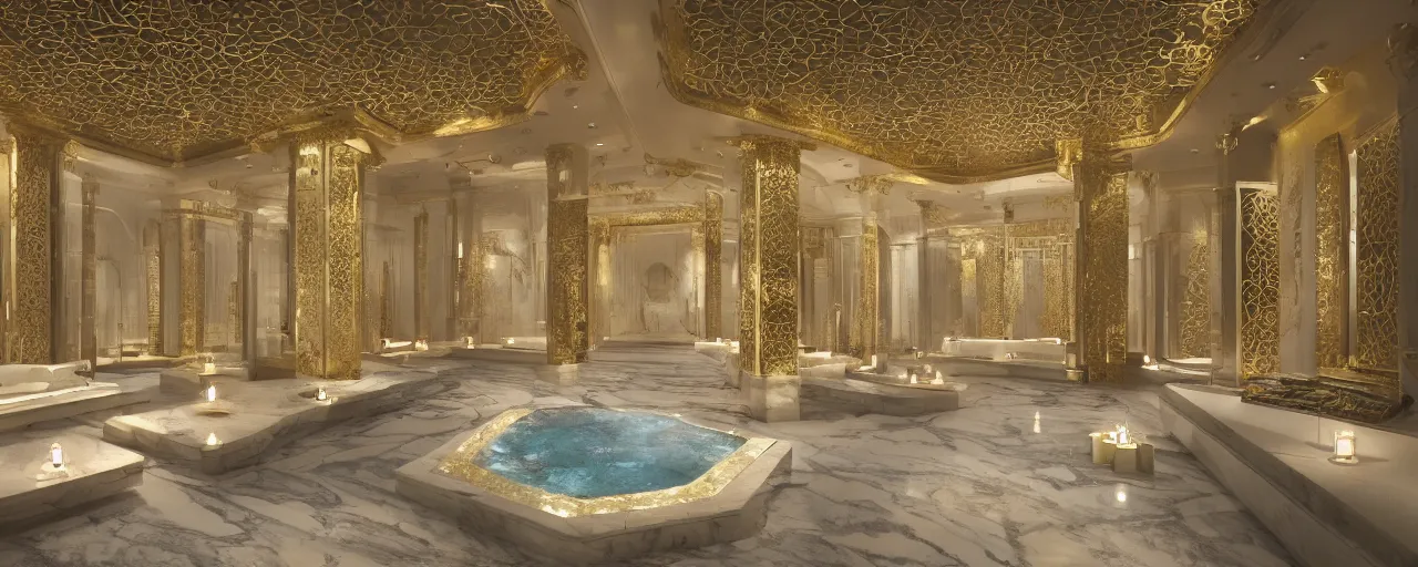 Image similar to interior of a double height luxury spa with everything made of gold, candles, beige marble floor, wellness pool, intricate detailed roof, contemporary design, sacred geometry, 8 k, hyperrealistic, photorealism, windows with view to wadi al disah mountains