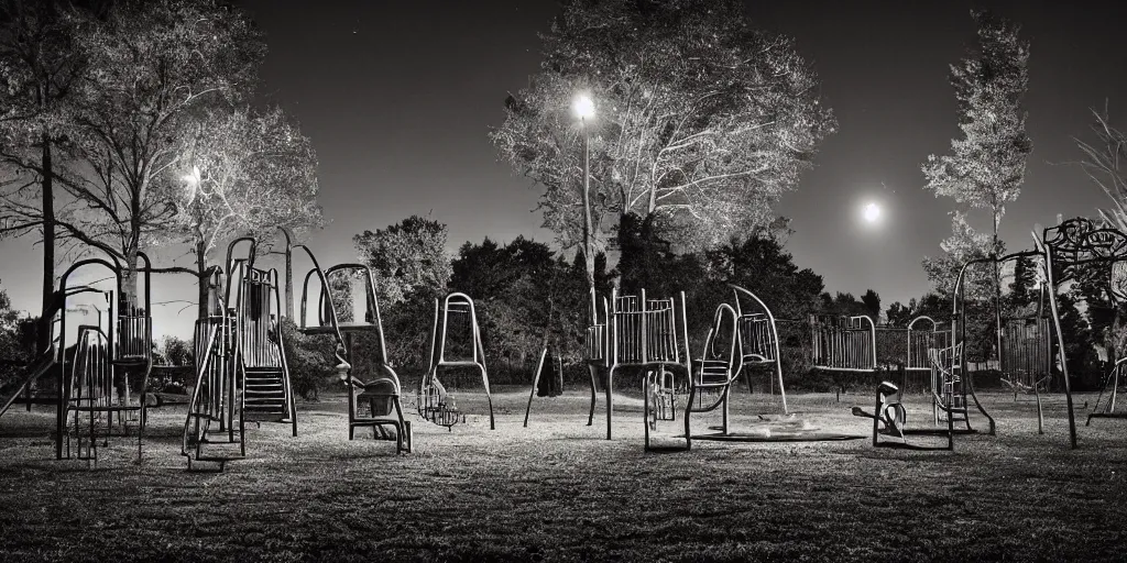 Image similar to a play ground at night, dark haunted by ghosts of children in the style of photographer Joshua Hoffine