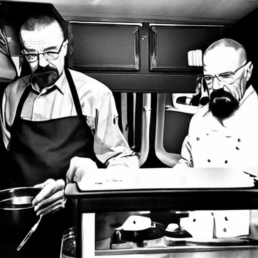 Image similar to still of walter white and stalin cooking meth, ziploc bags full of meth, interior of rv, b&w filter