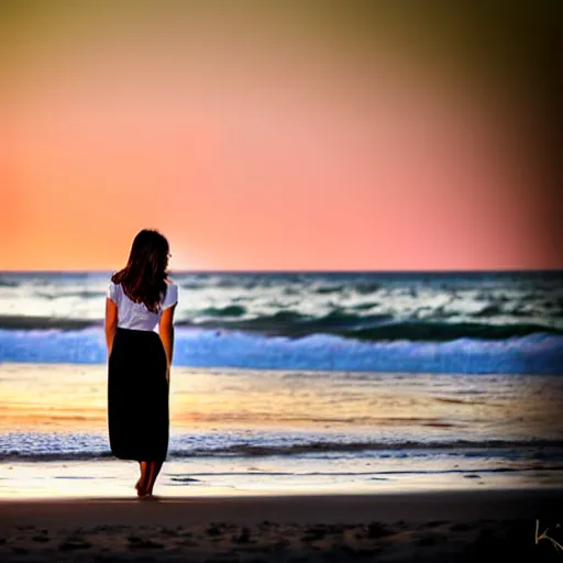 Prompt: a beautiful photograph of a woman in a white dress on the beach at sunset, by krysia lukkason